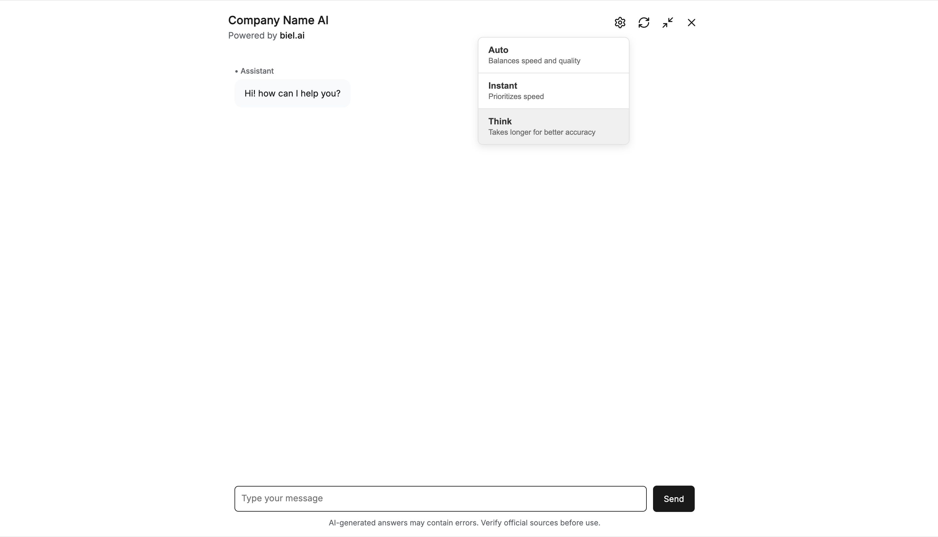 Reasoning mode settings in chat widget